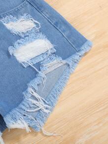 SHEIN Teen Girl Ripped Raw Hem Denim Shorts - Light Wash - View 4