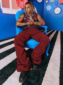 SHEIN X The Future X Redefinition Men Flap Pocket Drawstring Waist Ruched Pants - Burgundy - View 1