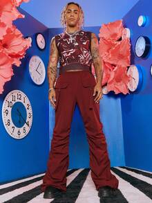 SHEIN X The Future X Redefinition Men Flap Pocket Drawstring Waist Ruched Pants - Burgundy - View 3