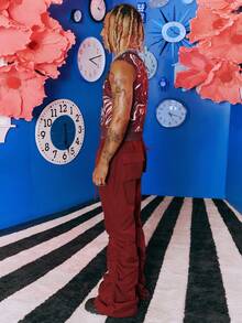 SHEIN X The Future X Redefinition Men Flap Pocket Drawstring Waist Ruched Pants - Burgundy - View 4