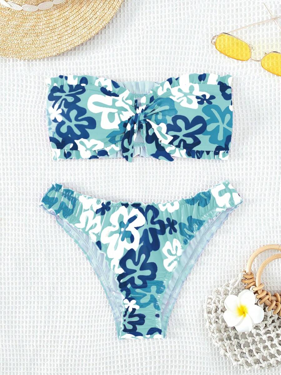 SHEIN Floral Print Knot Front Bandeau Bikini Set For Summer Beach - Mint Blue - View 1