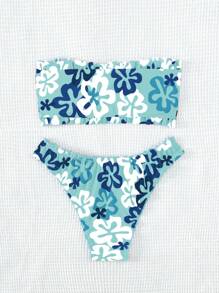 SHEIN Floral Print Knot Front Bandeau Bikini Set For Summer Beach - Mint Blue - View 2