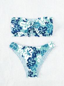SHEIN Floral Print Knot Front Bandeau Bikini Set For Summer Beach - Mint Blue - View 3