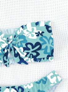 SHEIN Floral Print Knot Front Bandeau Bikini Set For Summer Beach - Mint Blue - View 4