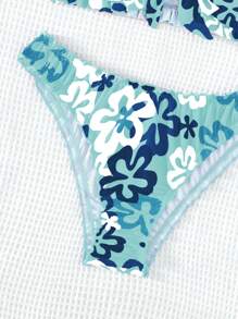 SHEIN Floral Print Knot Front Bandeau Bikini Set For Summer Beach - Mint Blue - View 5
