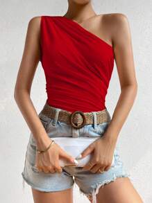 Zielony Top con un solo hombro y fruncido en el lateral para ropa de Año Nuevo - Rojo - Ver 6