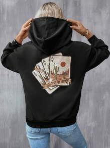 SHEIN LUNE Playing Card Print Drop Shoulder Drawstring Hoodie - Black - View 1