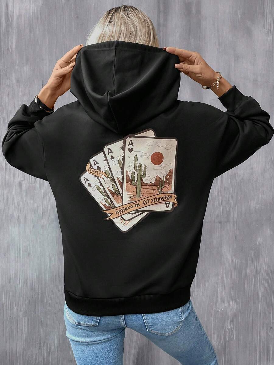 SHEIN LUNE Playing Card Print Drop Shoulder Drawstring Hoodie - Black - View 1