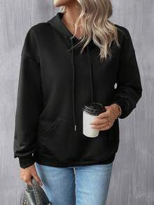 SHEIN LUNE Playing Card Print Drop Shoulder Drawstring Hoodie - Black - View 2