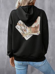 SHEIN LUNE Playing Card Print Drop Shoulder Drawstring Hoodie - Black - View 3