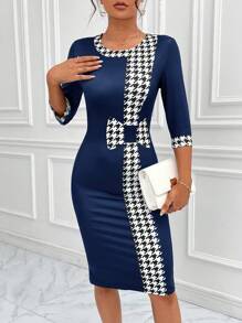 SHEIN Privé Houndstooth Print Bodycon Dress - Blue - View 6