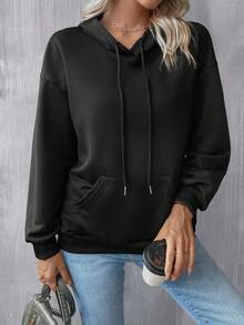 SHEIN LUNE Playing Card Print Drop Shoulder Drawstring Hoodie - Black - View 6