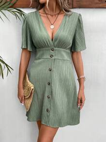 SHEIN Frenchy 深V領前紐扣A字連衣裙 - 軍綠色 - 查看 4