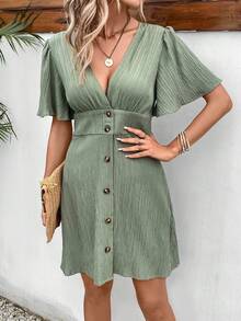 SHEIN Frenchy 深V領前紐扣A字連衣裙 - 軍綠色 - 查看 6