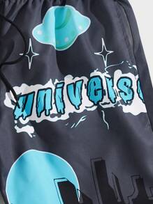 ROMWE MEN Street Life Men Alien & Letter Graphic Drawstring Waist Shorts - Dark Grey - View 3