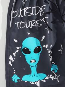 ROMWE MEN Street Life Men Alien & Letter Graphic Drawstring Waist Shorts - Dark Grey - View 4