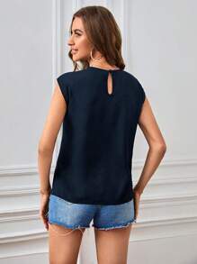 SHEIN Privé Ren tương phản Lỗ khóa trở lại Áo sơ mi - Màu xanh hải quân - Xem 2