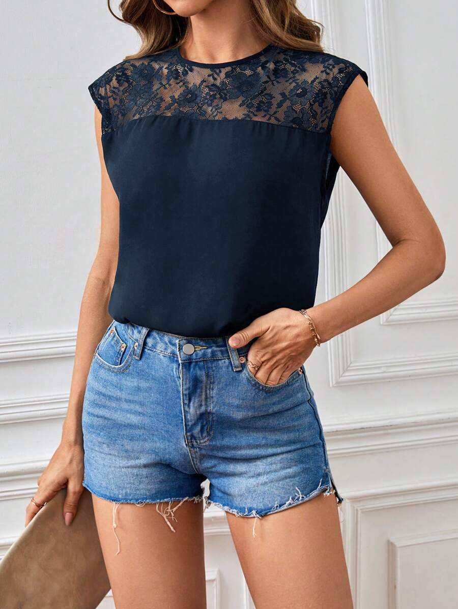 SHEIN Privé Ren tương phản Lỗ khóa trở lại Áo sơ mi - Màu xanh hải quân - Xem 1