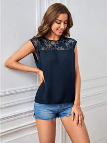 SHEIN Privé Ren tương phản Lỗ khóa trở lại Áo sơ mi - Màu xanh hải quân - Xem 6