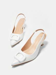 SheIn BIZ 優雅后提帶高跟單鞋適合女士,幾何裝飾高跟鞋 - 白色 - 查看 7