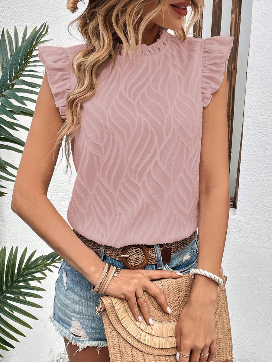 SHEIN LUNE Blusa unicolor ribete con fruncido de cuello alto - Rosa - Ver 1