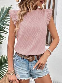 SHEIN LUNE Blusa unicolor ribete con fruncido de cuello alto - Rosa - Ver 4