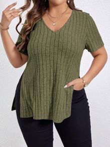 SHEIN Essnce מידות גדולות מכפלת מפוצלת סריג חולצות טי - צבאי ירוק - ראה 1