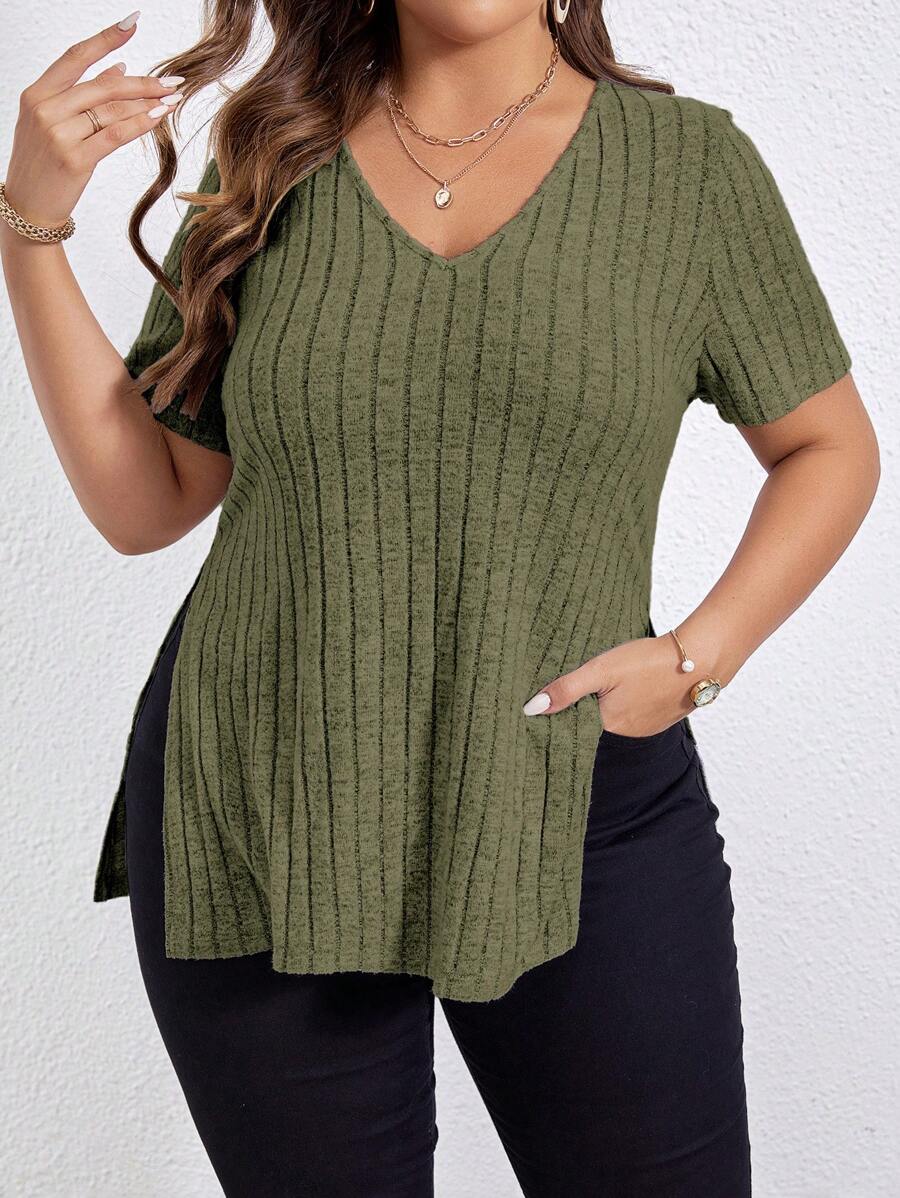 SHEIN Essnce מידות גדולות מכפלת מפוצלת סריג חולצות טי - צבאי ירוק - ראה 1
