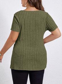 SHEIN Essnce מידות גדולות מכפלת מפוצלת סריג חולצות טי - צבאי ירוק - ראה 2