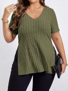 SHEIN Essnce מידות גדולות מכפלת מפוצלת סריג חולצות טי - צבאי ירוק - ראה 3