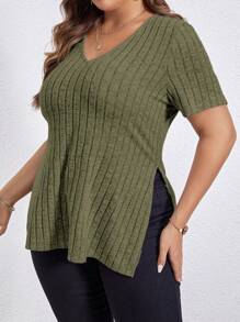 SHEIN Essnce מידות גדולות מכפלת מפוצלת סריג חולצות טי - צבאי ירוק - ראה 4