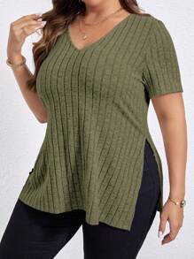 SHEIN Essnce מידות גדולות מכפלת מפוצלת סריג חולצות טי - צבאי ירוק - ראה 6