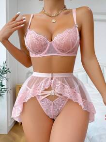 SHEIN 花卉蕾絲內衣套裝附裙子 - 淺粉色 - 查看 4