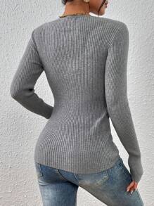 SHEIN Essnce Half Button Ribbed Knit Sweater,Long Sleeve Tops - Grey - View 2
