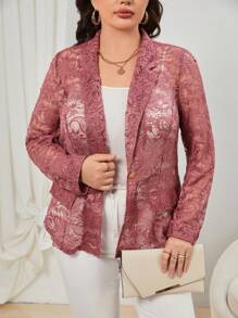 SHEIN Clasi 大碼西裝領單釦蕾絲西裝外套不附吊帶上衣 - 藕粉色 - 查看 5