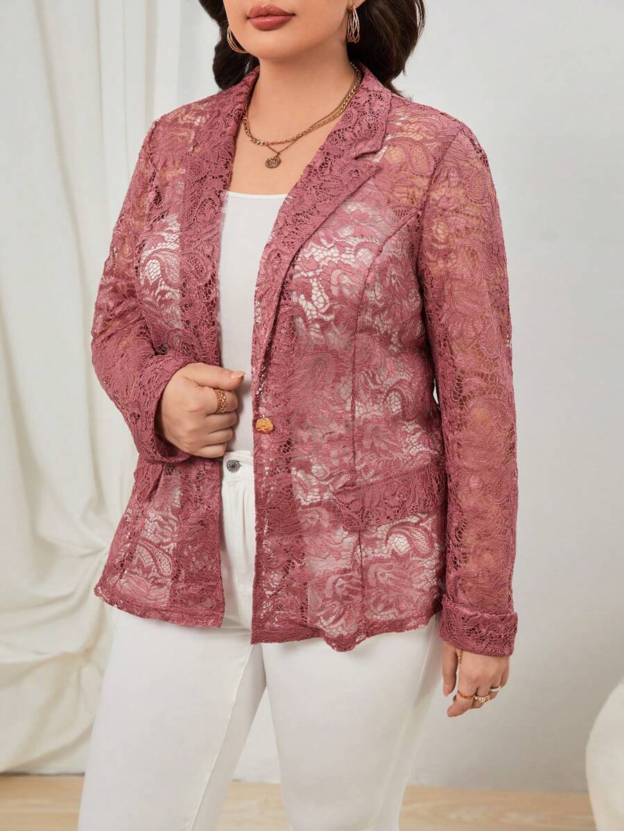 SHEIN Clasi 大碼西裝領單釦蕾絲西裝外套不附吊帶上衣 - 藕粉色 - 查看 1