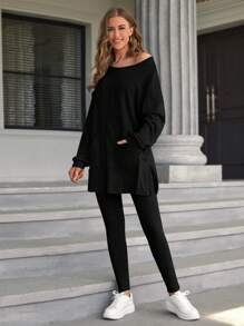 SHEIN Essnce Ropa Dos piezas para Mujer Bolsillo Partición Canalé Liso Casual - Negro - Ver 1