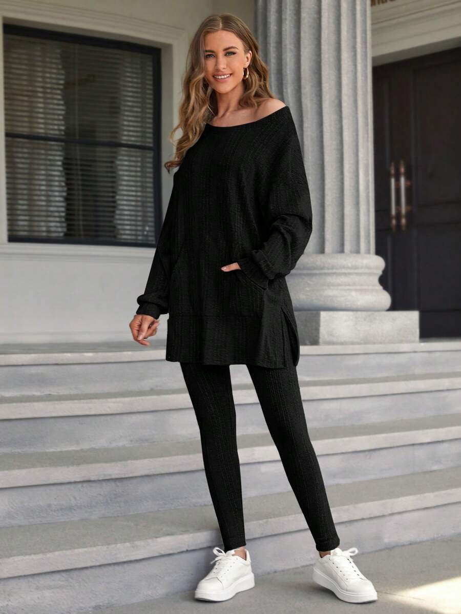 SHEIN Essnce Ropa Dos piezas para Mujer Bolsillo Partición Canalé Liso Casual - Negro - Ver 1