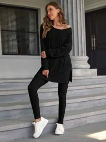 SHEIN Essnce Ropa Dos piezas para Mujer Bolsillo Partición Canalé Liso Casual - Negro - Ver 4