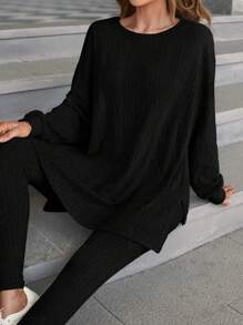 SHEIN Essnce Ropa Dos piezas para Mujer Bolsillo Partición Canalé Liso Casual - Negro - Ver 5