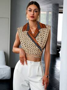 Sollinarry Geo Print Tie Back Crop Blouse - Multicolor - View 1