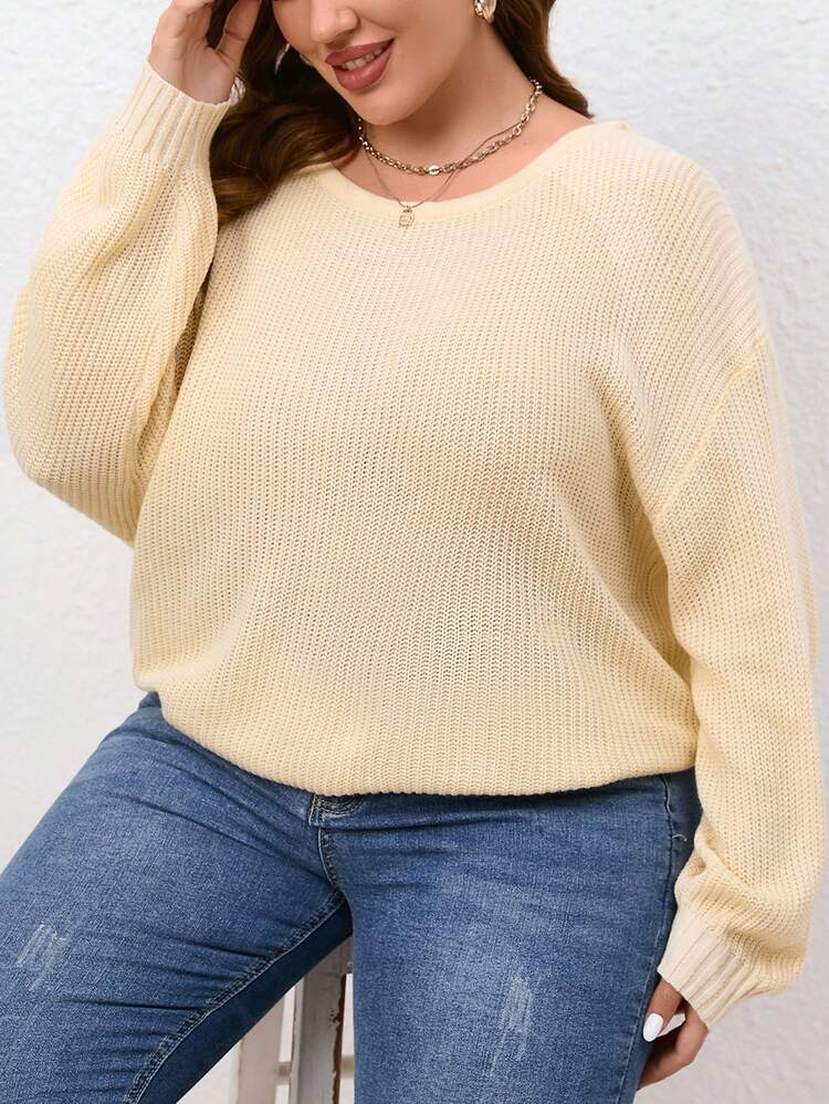 Plus Pearls Beaded Backless Drop Shoulder Sweater