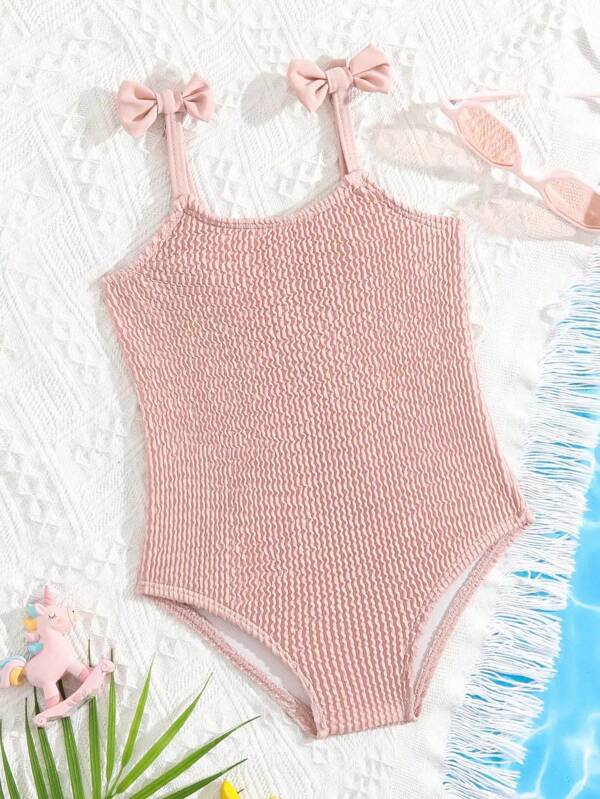 Baby Girl Summer Swimwear With Unique Pebble Stripe Fabric And Little Bow Decoration  Getaway,Holiday,Travel,Relax,Summer,Holiday Kids Swimming ,Kids Beachwear