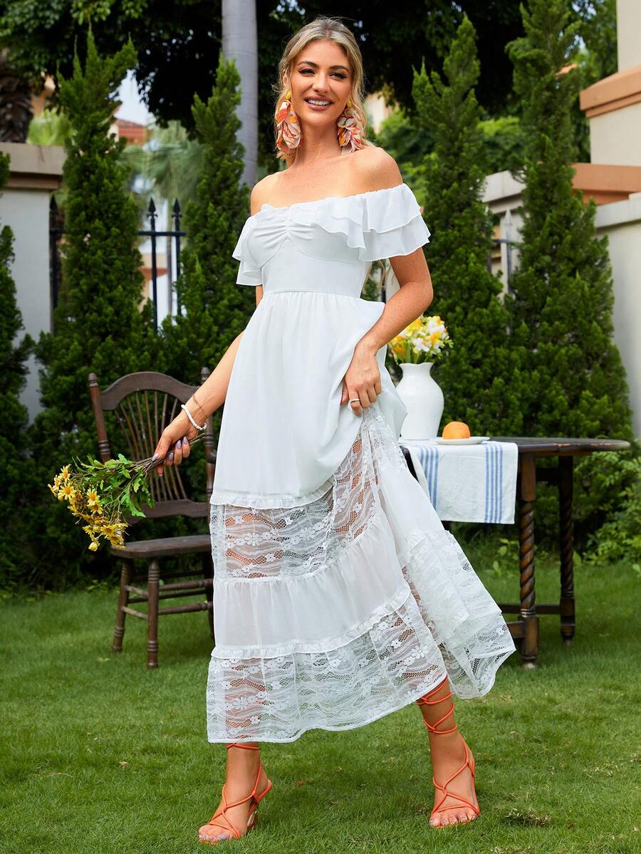 Simplee 一字肩荷葉邊拼接蕾絲洋裝 - 白色 - 查看 1