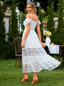 Simplee 一字肩荷葉邊拼接蕾絲洋裝 - 白色 - 查看 2