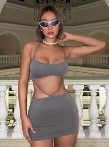 SHEIN ICON Y2k Summer Spring Outfits Women Summer 3-Piece Sexy Bodycon Dress With Spaghetti Straps, Tight Hips, And Halter - Dark Grey - View 1