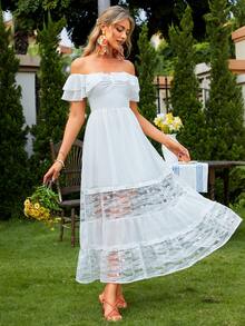 Simplee 一字肩荷葉邊拼接蕾絲洋裝 - 白色 - 查看 3