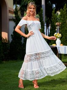 Simplee 一字肩荷葉邊拼接蕾絲洋裝 - 白色 - 查看 5