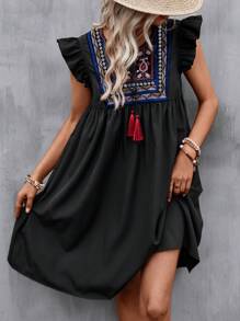 SHEIN LUNE Đầm Thêu mép Xù Hình học Bộ lạc Boho - màu đen - Xem 3