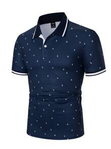 Manfinity Homme Hombres Camisa polo con estampado ribete de rayas - Azul - Ver 4